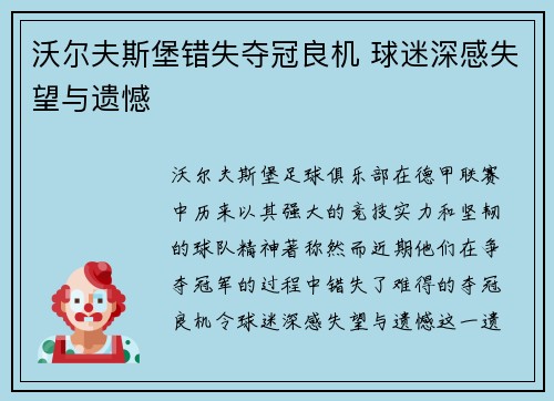 沃尔夫斯堡错失夺冠良机 球迷深感失望与遗憾