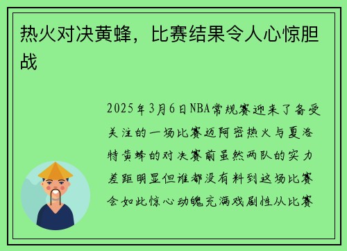 热火对决黄蜂，比赛结果令人心惊胆战