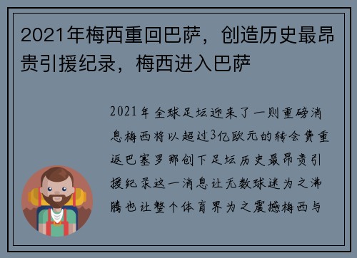 2021年梅西重回巴萨，创造历史最昂贵引援纪录，梅西进入巴萨