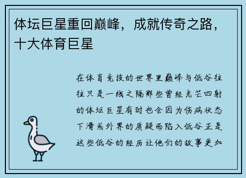 体坛巨星重回巅峰，成就传奇之路，十大体育巨星