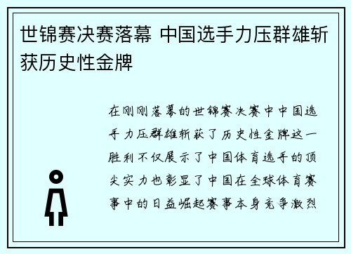 世锦赛决赛落幕 中国选手力压群雄斩获历史性金牌